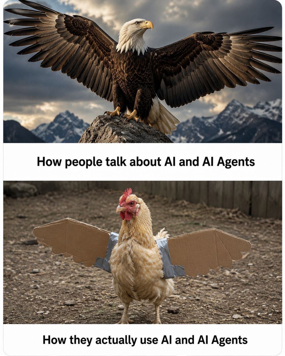 Eagle contrasted with a chicken wearing cardboard wings, illustrating AI agent promise versus reality