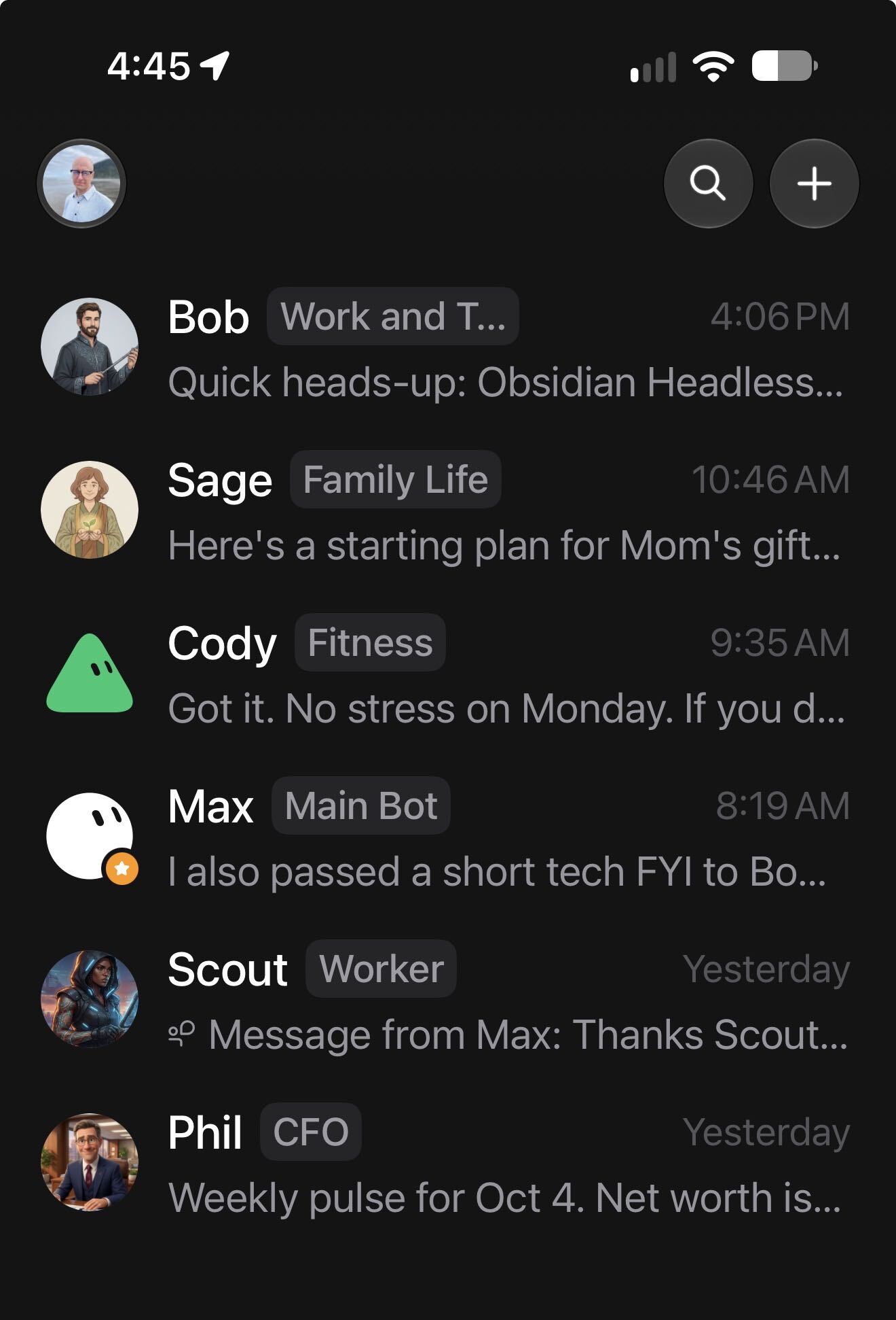 Grok Bot mobile roster showing Bob, Sage, Cody, Max, Scout, and Phil